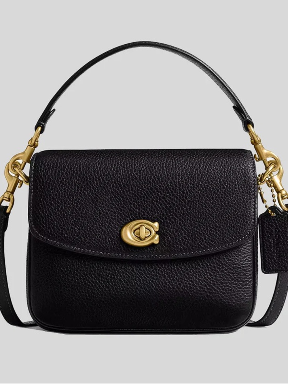 Coach Cassie Black Pebbled Leather Crossbody Top Handle Bag with Gold Hardware